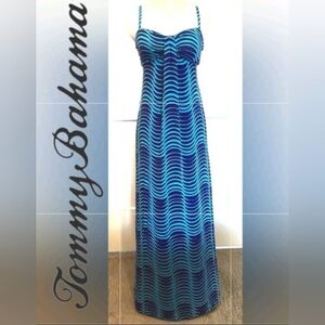 Tommy Bahama Spaghetti Strap Maxi Dress In Blue Turquoise Wave Print Sz M